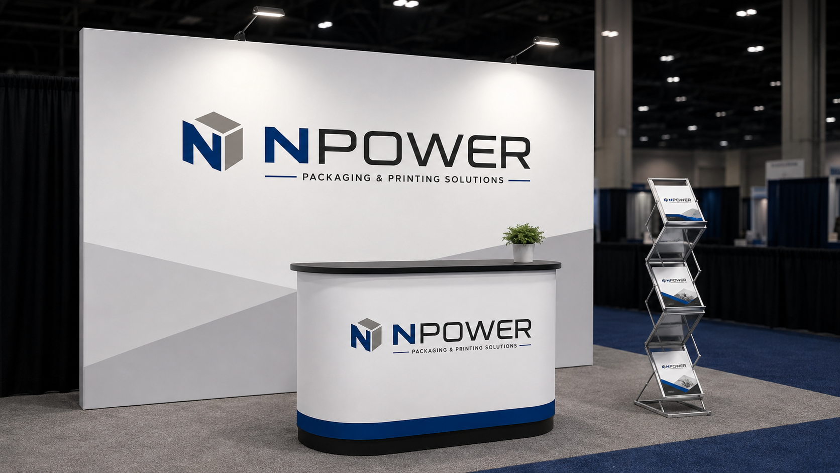 Professional 10x10 trade show booth with backdrop and counter