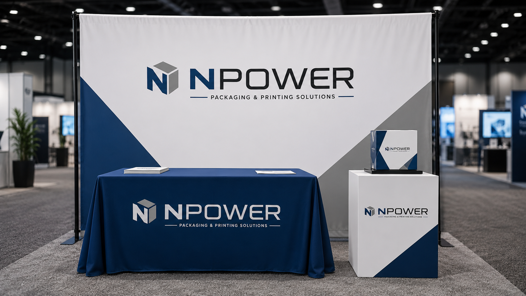 NPower branded trade show table throw and pedestal display